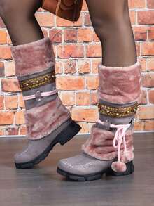 Women's Winter Furry Knee High Snow Boots Fashion Platform Chunky Heels Warm Faux Fur Lining Pull On Casual Comfy Boots Woman - 紫色 - 查看 4