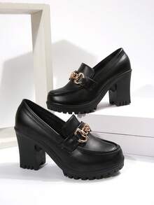 Women's Classic Thick Heel High Heels, Chunky Heel Pumps, Comfortable Work Shoes, Spring/Summer 2025 - 黑色(鏈條) - 查看 6