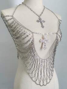 1 件朋克风格金属性感流苏多层胸链项链细肩带上衣，深 V 领修身，适合夜店、音乐节、舞台表演 - 銀色 - 查看 3