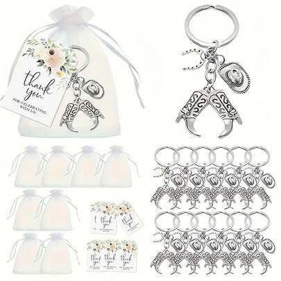 Zestaw 21/3 szt./zestaw breloków z motywem kowboja z Dzikiego Zachodu – breloki ze stali nierdzewnej z zawieszkami w kształcie kapelusza, buta i podkowy, w zestawie kartka z podziękowaniami i jedwabna torebka prezentowa – brelok z motywem kowboja, idealny na prezenty, przyjęcia w stylu kowbojskim i upominki ślubne