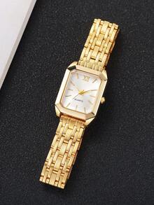 1pc Women's Fashion Square Roman Numeral Dial Quartz Wrist Watch, Classic & Elegant - Gold - View 4