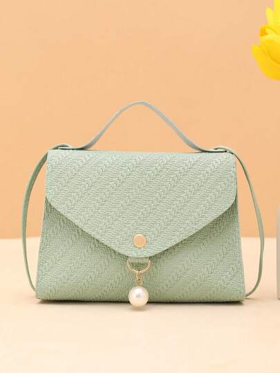 Solid Color Grass Texture Pearl Decor Crossbody Handbag , Green