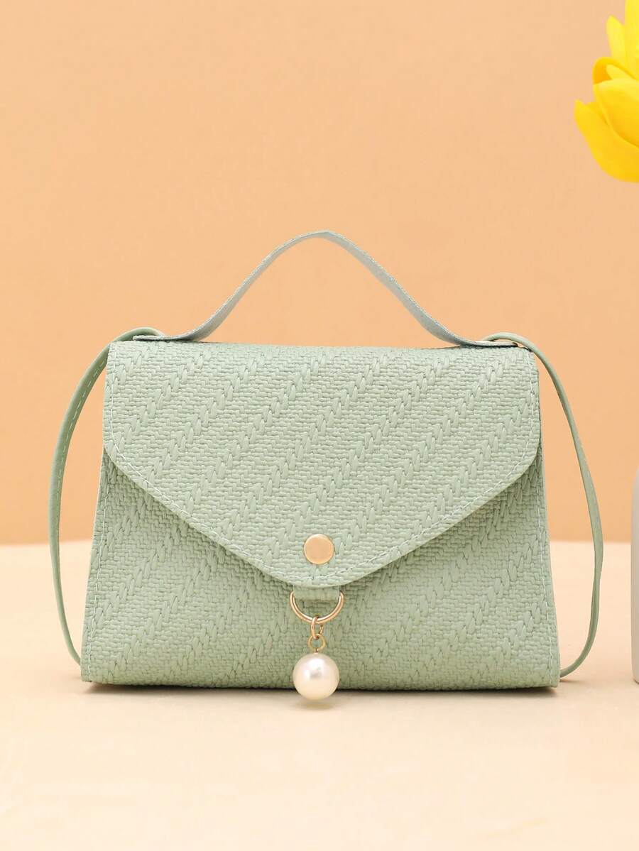 Solid Color Grass Texture Pearl Decor Crossbody Handbag , Green - Green - View 1