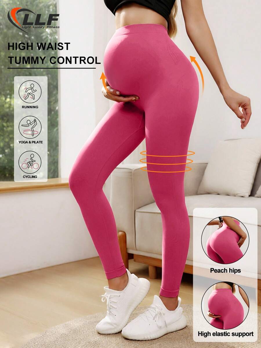 Maternity High Waist Seamless Elastic Solid Color Leggings, Suitable For Casual Daily Wear