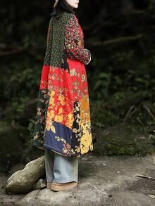 LUZU JUNU Women's Trench Coat Floral Print Long Cotton Linen Jacke Cottagecore Clothing Patchwork Outwear Bohemian Unique - 黃色毛絨襯裡 - 查看 5