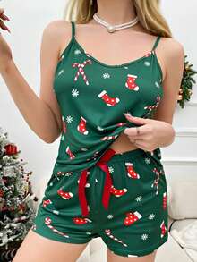 Womens Pajama Sets Christmas Pattern Soft Lingerie Sleepwear 2 Piece Cami Shorts Set Pj Nightwear - 綠色 - 查看 2