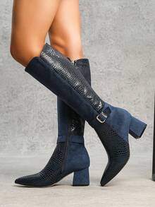 秋冬女式性感时尚皮带扣装饰尖头粗高跟休闲百搭侧拉链蓝色过膝靴，及膝靴 - 藍色 - 查看 4