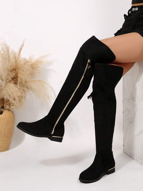 Stivali alti da donna, nuovi per l'autunno/inverno 2025, con cerniera laterale, suola spessa con dettagli in metallo, altezza aumentata, gambale in velluto elasticizzato, stivali alti lucidi e espandibili per le donne