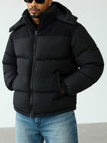 1 件男士灯芯绒拼接连帽棉服，适合日常休闲穿着，冬季棉服 - 黑色 - 查看 3