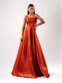 Women's Long Strapless Zibeline Dress Simple Elegant Party Satin Zipper Pocket Side Slit Godmother Civil Wedding Debutante Graduate Party Birthday Party Anniversary Party Graduation Party Formal And Evening Photoshoot Wedding Guest Prom - 紅陶 - 查看 2