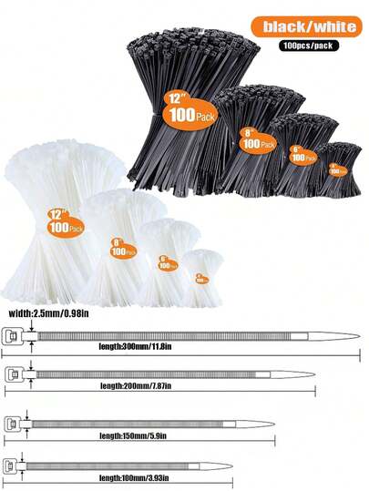 100 /400pcs Black/White, Colored Cable Ties, Heavy-Duty High-Quality Plastic Ties With Tensile Strength, Self-Locking White Nylon Ties For Indoor And Outdoor Use