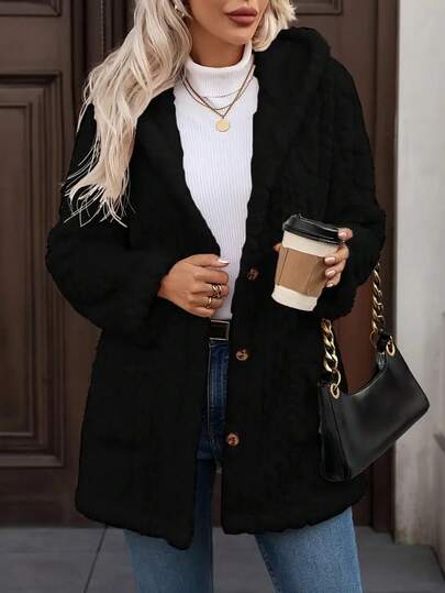 Women's Long Solid Color Argyle Pattern Front Button Pocket Daily Winter Hooded Faux Fur Jacket