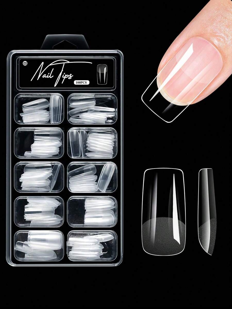100 piezas de uñas acrílicas falsas en forma de almendra y ataúd, cortas y cuadradas, extensión de uñas artificiales con puntas de gel suave, accesorios y herramientas - transparente - Ver 1