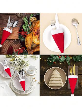 5pcs/10pcs Christmas Decorations, Mini Christmas Hats, Christmas Knife And Fork Covers, Wine Bottle Covers, Tableware Covers, Fleece Covers, Mini Hats