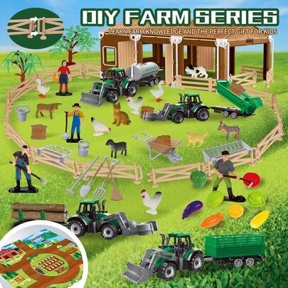 Farmhouse Toy Set - DIY Miniature Scene Building Toy, Children's Tractor Toy, Stable, Cowshed, Animals, Vegetables, Figurines, Farm Tools And Accessories, Children's Dollhouse, Suitable For Boys And Girls To Build And Play With, Birthday Gift, Christmas Gift, Halloween Gift
