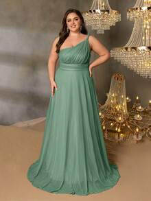 Elisanya Curve Plus 纯色单肩无袖伴娘礼服 - 非常适合红毯庆典、黑色领带婚礼、颁奖典礼、慈善舞会和奢华时尚活动 - 綠色 - 查看 3