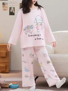 2pcs/Set Flame Retardant Girls Pink Cartoon Sheep Print Crew Neck Long Sleeve Pajama Set