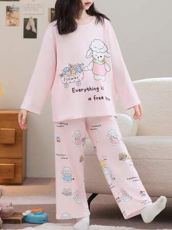 2pcs/Set Flame Retardant Girls Pink Cartoon Sheep Print Crew Neck Long Sleeve Pajama Set