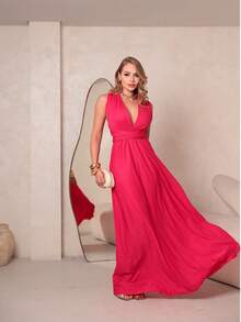 Marianela Long Helanca V-Neck Dress For Bridesmaid Party, Graduation, Guest, Evening Event - Màu Hồng Tươi - Xem 3
