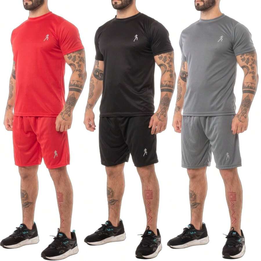 Kit 3 Men's Dry Fit Gym Bermuda Shorts + 3 Sports T-Shirts - Set - 黑色,紅色和灰色 - 查看 1