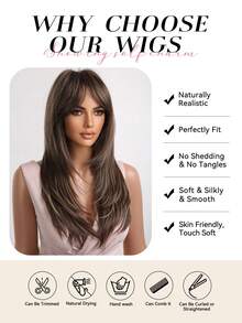 Ava WIGS 24英寸棕色渐变长直发层次感假发，带刘海，柔软易造型，耐热合成纤维，适合日常佩戴、工作、节日、假期、角色扮演，也是万圣节、圣诞节送给女性或女友的理想礼物。 - 挑染棕色 - 查看 7