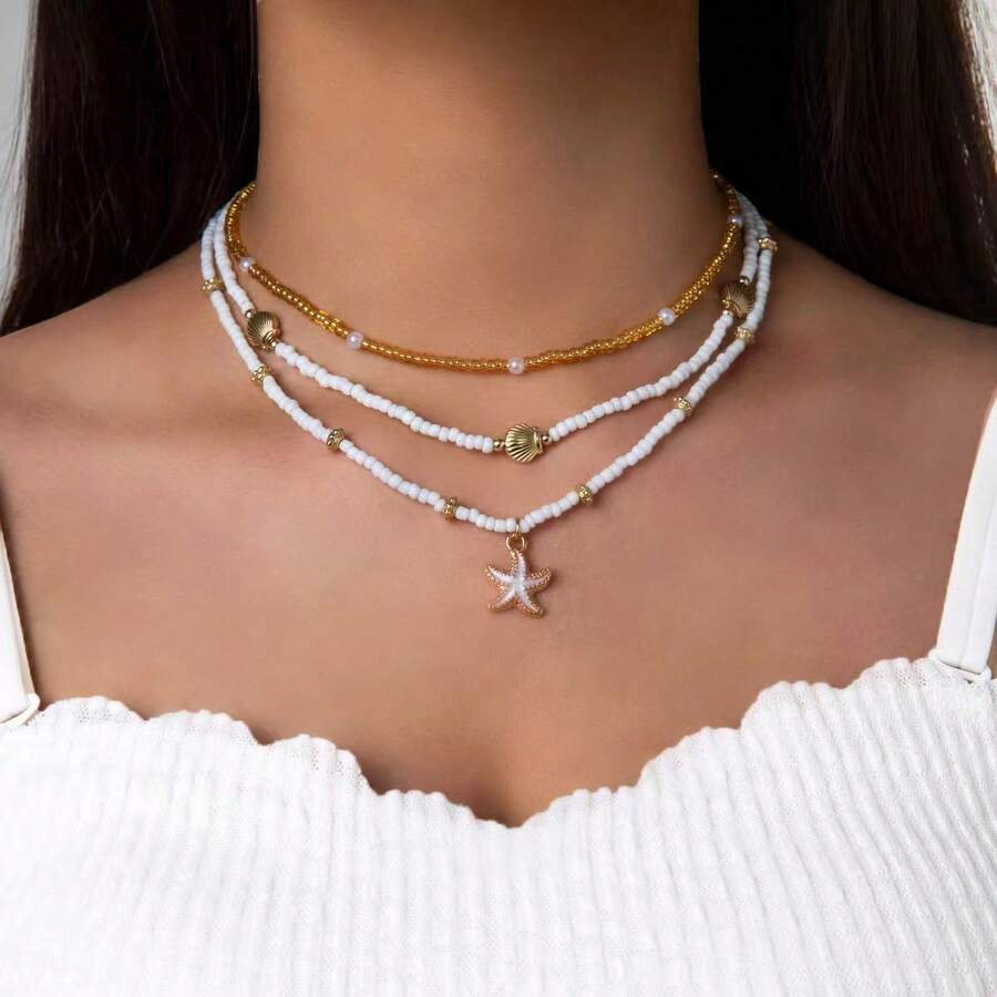 3pcs Women's Fashionable Necklace, Summer Seaside Vacation Shell Pendant Rice Beads Beaded Necklace Simple Girl Style Faux Pearl Inlaid Golden Beads Multiple Stacked Necklace Set, Glass Rice Beads Material, Summer Seaside Vacation Sends Girlfriend, Summer Rice Bead Necklace Halloween Costume