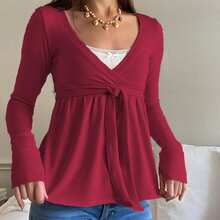 Women Wrap V-Neck Peplum Tops Casual Long Sleeve Tee Shirts Cute Front Twist Tie Knot Shirts Fall Blouses - Màu Đỏ Sâu - Xem 6