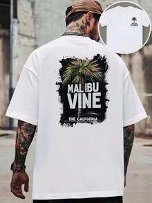 T-shirt con stampa palma Malibu , T-shirt da uomo con stampa fronte-retro, alla moda, casual, girocollo, in cotone 220 g/m2 (1 pezzo)