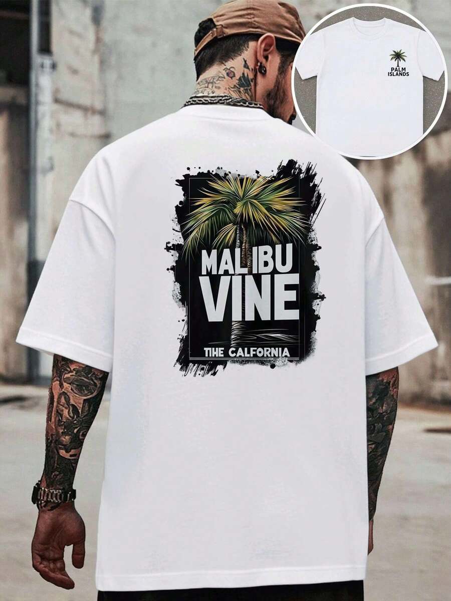 T-shirt con stampa palma Malibu , T-shirt da uomo con stampa fronte-retro, alla moda, casual, girocollo, in cotone 220 g/m2 (1 pezzo)