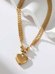 1件装多层金色心形吊坠项链，女士不锈钢项链，适合日常佩戴，礼品 - 金黃色 - 查看 4
