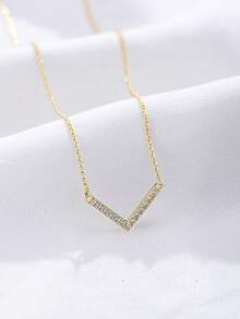 1 chiếc vòng cổ mặt dây chuyền Cubic Zirconia hình chữ V bằng bạc Sterling S925, thiết kế tối giản, đá lát hoàn toàn, kiểu choker - Vàng - Xem 6