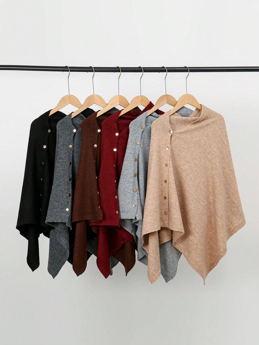 1pc Solid Color Poncho For Women, Fashion Versatile Loose Fit Oblique Button Decor Shawl Cloak Outerwear, Spring/Autumn For Dress - Multicolor - View 1