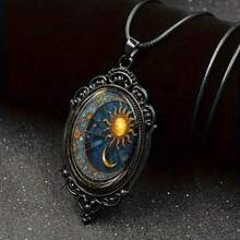 Enchanting Oval Glass Pendant Necklace Sun Moon Jewelry Black Frame Unique Design Gift - 1 - 查看 5