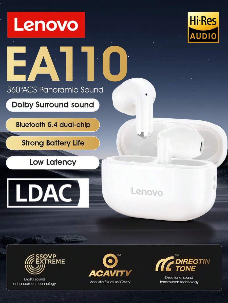 Lenovo 联想 EA110 TWS 耳塞，蓝牙 5.4，3.5g 轻便半入耳式，24 小时播放，带 ENC 降噪，HiFi 音质，触摸控制，适合运动和日常佩戴，舒适贴合手机和电脑