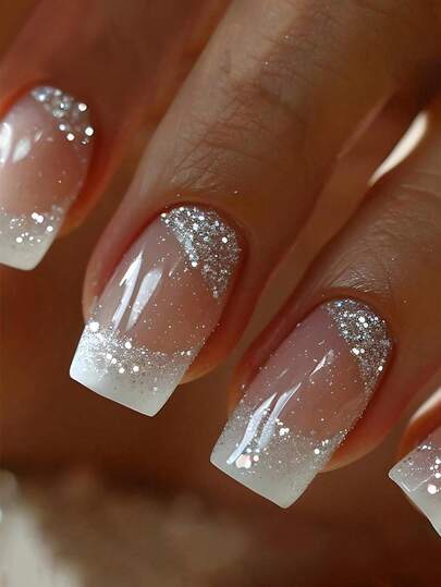 24Pcs Short Square Stylish French Shiny Finish False Nail Art Tips Set, Applicable For Women & Girls Press On Nails Nail Supplies Nails