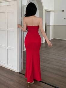 abyoxi 橙色性感深V领抹胸修身美人鱼长裙，金属装饰，露肩领口，纹理面料，休闲通勤简约优雅沙滩度假连衣裙，性感少女风春夏新款女装派对服饰 - 紅色 - 查看 2