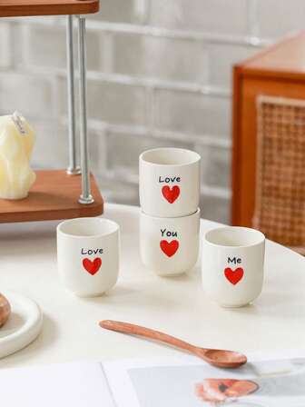 Juego de 4 tazas de café de cerámica minimalista con bandeja, incluye tazas con forma de corazón, ideal para familia, parejas, té de la tarde, regalo de inauguración de casa, Día de San Valentín, compacto y antideslizante