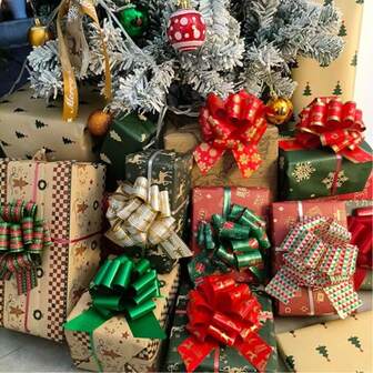 12pcs Christmas Gift Bows With, Xmas Wrap Pull Bows With Ribbon Wrapping Accessory For Present, Florist, Bouquet, Basket Decor, Easy To Assemble