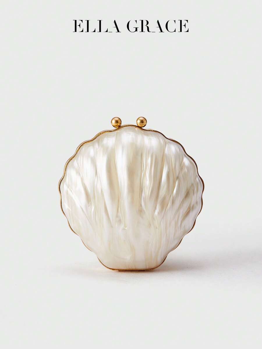 ELLA GRACE-White Shell Shape Acrylic Clutch Bag With Vintage Ball Clasp And Detachable Gold Chain Strap, Elegant Evening Purse For Women Wedding And Banquet