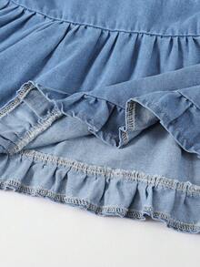 2件組女童時尚短款娃娃風喇叭袖花卉刺繡牛仔長袖上衣與荷葉邊飾中藍色牛仔長褲套裝，秋季薄款短上衣 - 中等水洗藍 - 查看 9