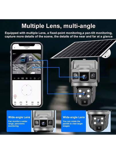 SWVW V380 Pro 12MP WiFi 10X Zoom Solar Camera 6K Dual Lens Three Screen Outdoor IP Security PIR Human Detection CCTV PTZ Cam V380PRO,2.4GWIFIOutdoor Indoor Home Cameras, Wireless WIFI Ring ,None Surveillance Pet view 5