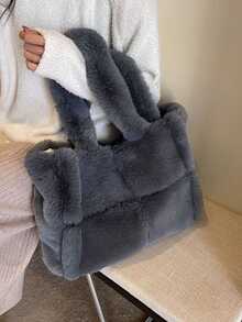 新款秋季米色大容量毛绒托特包，时尚简约设计女士单肩包，适合学生，日常通勤 - 灰色 - 查看 4