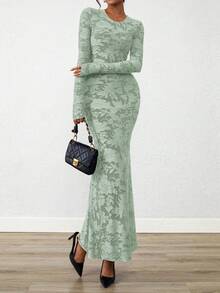 Women Elegant Floral Lace Long Sleeve Bodycon Maxi Dress Spring Fall Autumn Prom Wedding Guest Outfits - 淺綠色 - 查看 4