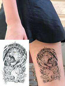 1 Sheets Big Size Body Art Temporary Tattoo Stickers For Women Or Men, Black Realistic Sketch Style Crowned Lion And Its Family Pattern, Waterproof Fake Tattoo, Lasts 2-5 Days, Covering Scars,Can Be Used On Arms Wrist Shoulders Legs Waist Neck Hand Chest Thighs Finger Ankle, Suitable For Parties, Gifts, Vacations, Body Decoration - Black - View 1