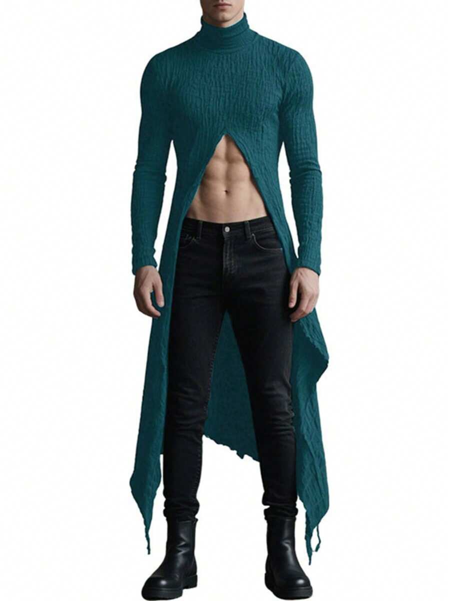 INCERUN Fashion Mens High Neck Long Sleeve Split Asymmetrical T-Shirt Blouse Fall Casual Party Long Shirt Tops - 湖藍色 - 查看 1