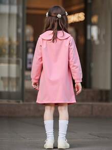 Vestido de manga larga rosa de estilo vintage con cuello Peter Pan y lazo, adecuado para uso diario, fiestas y reuniones, para niñas jóvenes en primavera/otoño - Rosa - Ver 2