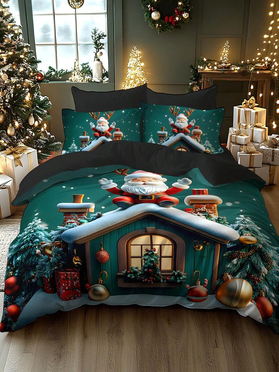 2/3 pcs Set Sprei Duvet Bermotif Pohon Natal, Kado, Kepingan Salju, Rusa, Santa Claus dengan Cetakan Digital, Lembut & Nyaman, Cocok Untuk Kamar Tidur, Kamar Tamu, Ruang Bermain, Hotel, Asrama - MultiWarna - View 1