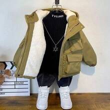 Young Boys Winter Coats - Black Three-dimensional Pocket Plus Velvet Cotton Coat - View 5