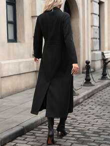 Women's Elegant Casual Daily Waist-Cinched Stand Collar A-Line Solid Color Long Sleeve Overcoat, Solid Color Front Button Formal Evening Wear - Black - View 6