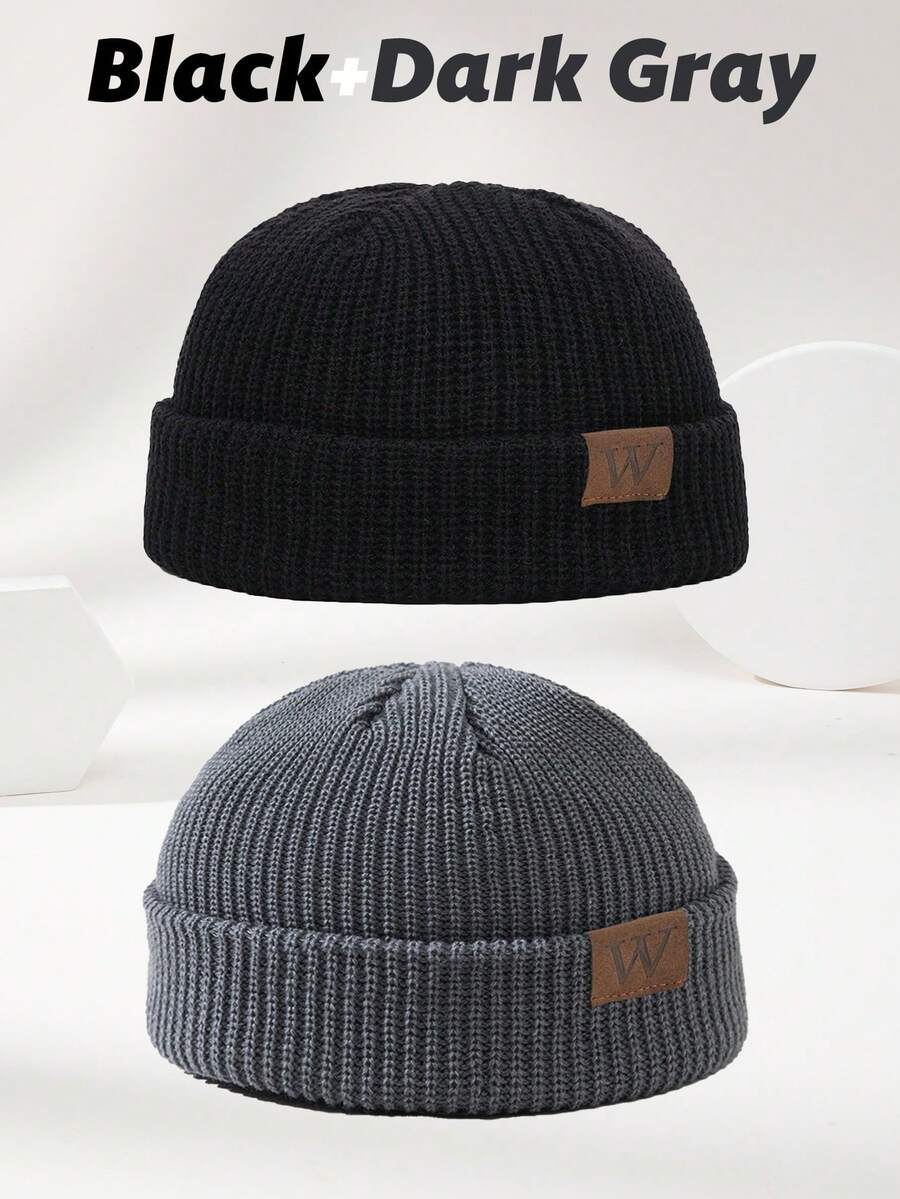 2 chiếc mũ len nam bằng da có họa tiết quả bí ngô, mềm mại, thời trang, ấm áp, phù hợp cho trang phục thường ngày mùa thu/đông, trang trí mùa thu, mùa hè, đi biển, kỳ nghỉ. - Đen + Xám đậm - Xem 1